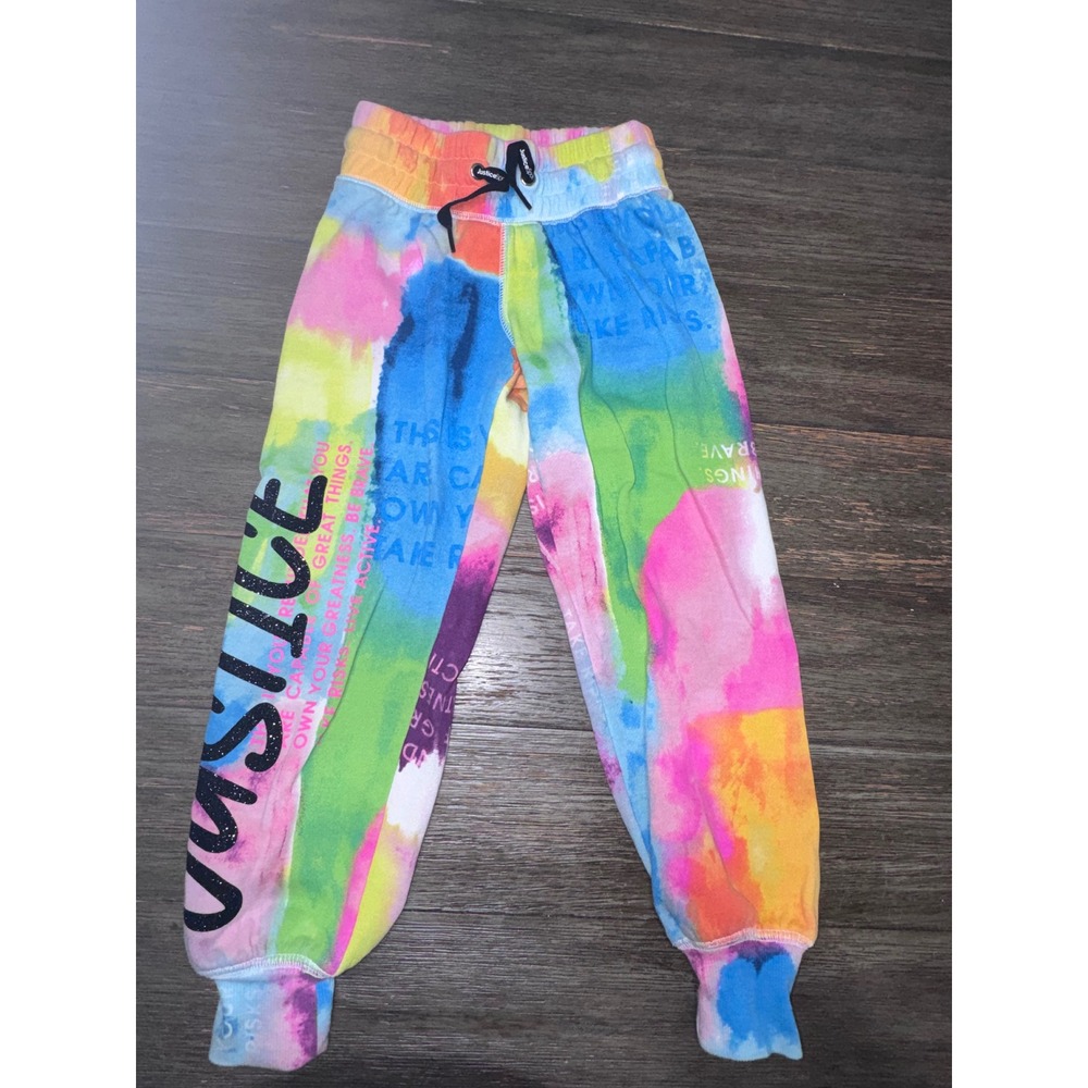 Justice Girls Tie Dye Joggers Multi Color Glitter Logo Sweatpants Size XS 5/6